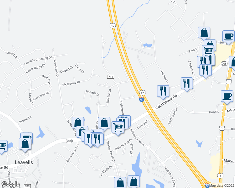 map of restaurants, bars, coffee shops, grocery stores, and more near 10704 Rollingwood Drive in Fredericksburg