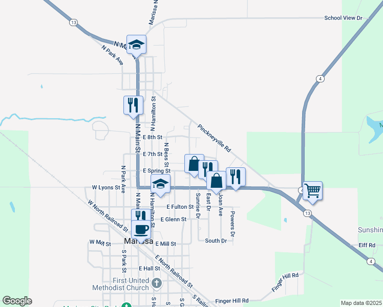 map of restaurants, bars, coffee shops, grocery stores, and more near 1 East Frederick Street in Marissa