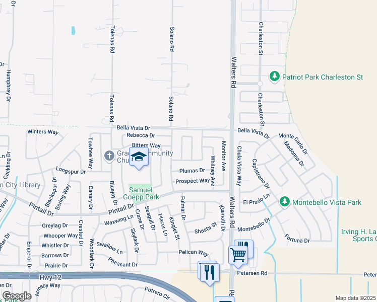 map of restaurants, bars, coffee shops, grocery stores, and more near 841 Tulare Circle in Suisun City