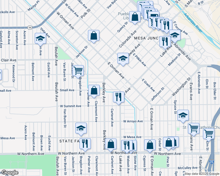 map of restaurants, bars, coffee shops, grocery stores, and more near 6 Small Avenue in Pueblo