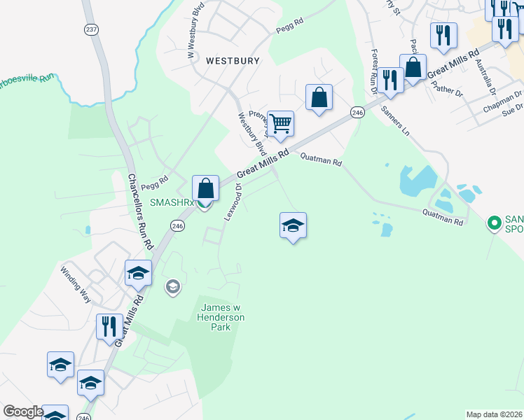map of restaurants, bars, coffee shops, grocery stores, and more near 21288 Mayfaire Lane in Lexington Park