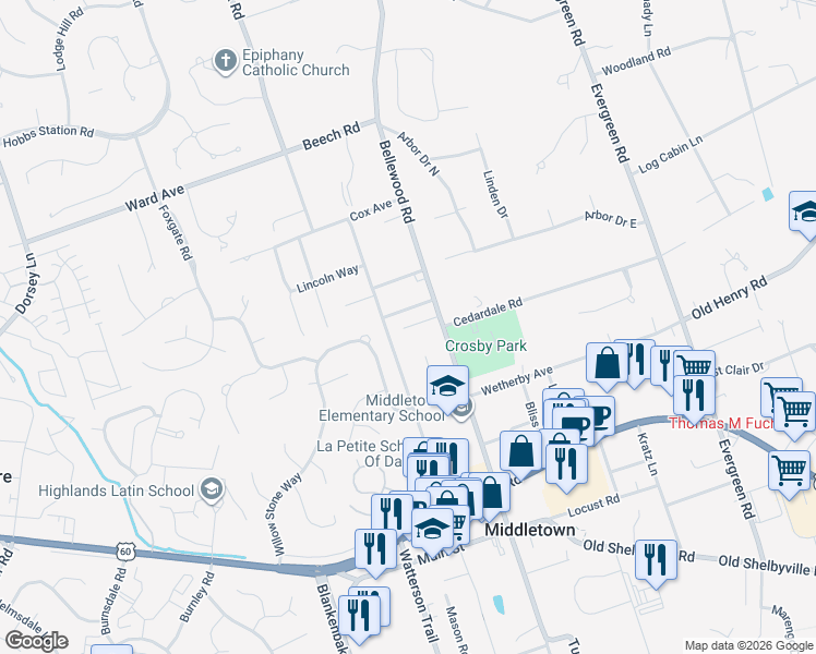 map of restaurants, bars, coffee shops, grocery stores, and more near 11510 Bellewood Road in Louisville