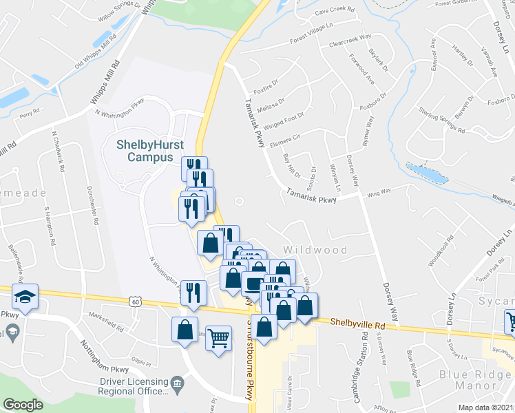 map of restaurants, bars, coffee shops, grocery stores, and more near 303 North Hurstbourne Parkway in Lyndon
