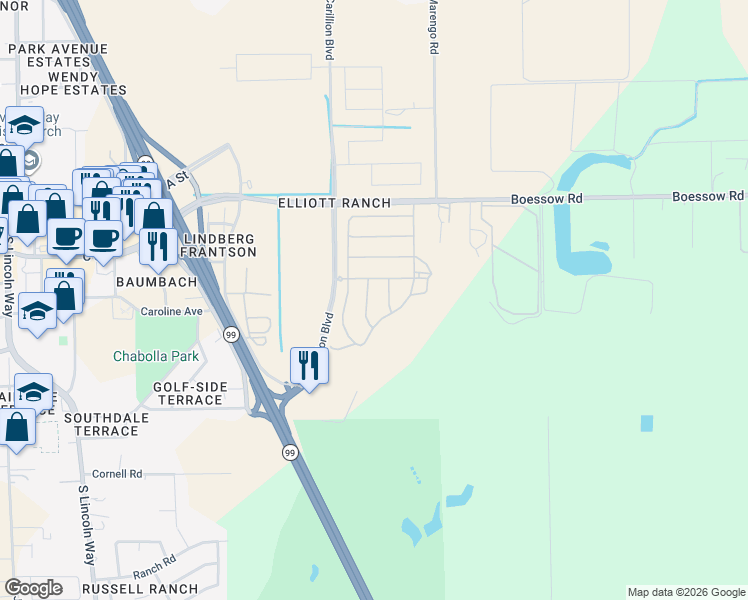 map of restaurants, bars, coffee shops, grocery stores, and more near 10850 Boessow Road in Galt