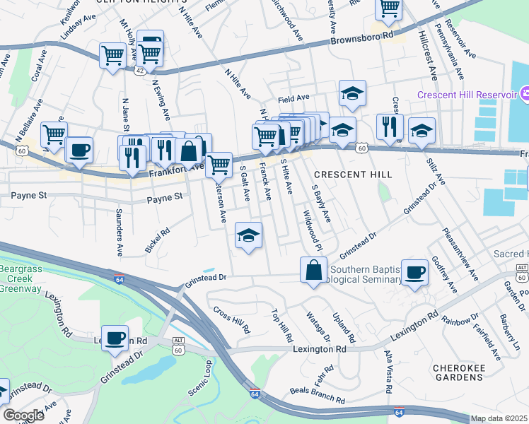 map of restaurants, bars, coffee shops, grocery stores, and more near 2611 Rowland Avenue in Louisville