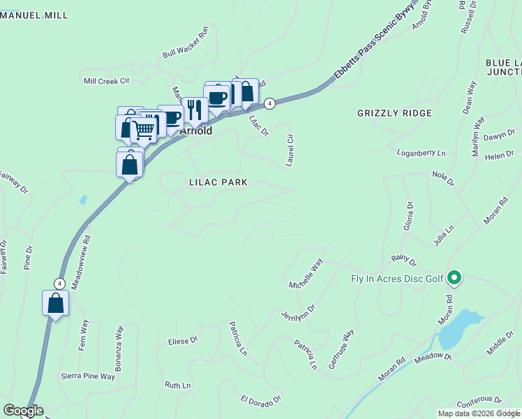 map of restaurants, bars, coffee shops, grocery stores, and more near 641 Summit View Drive in Arnold