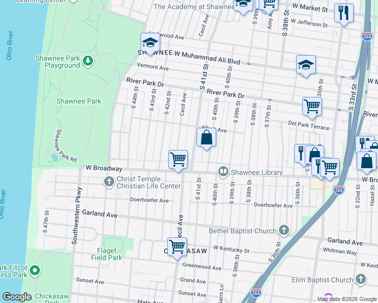 map of restaurants, bars, coffee shops, grocery stores, and more near 673 South 41st Street in Louisville