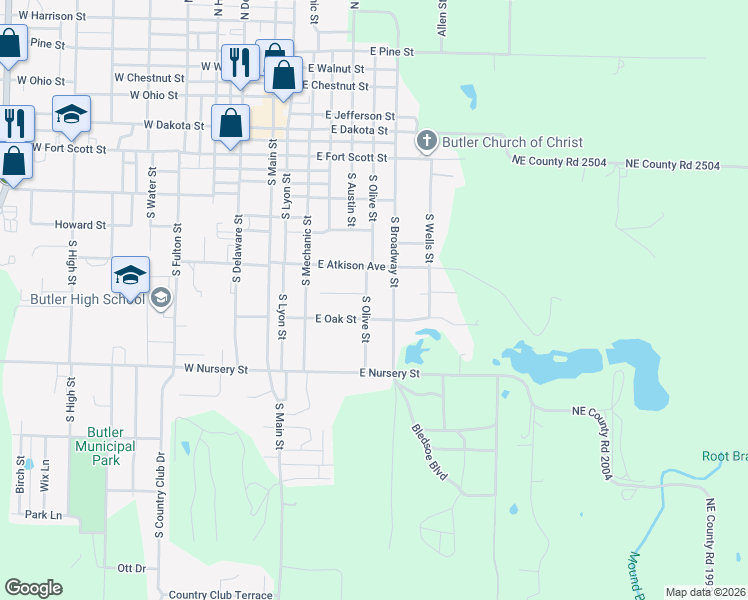 map of restaurants, bars, coffee shops, grocery stores, and more near 413 South Olive Street in Butler