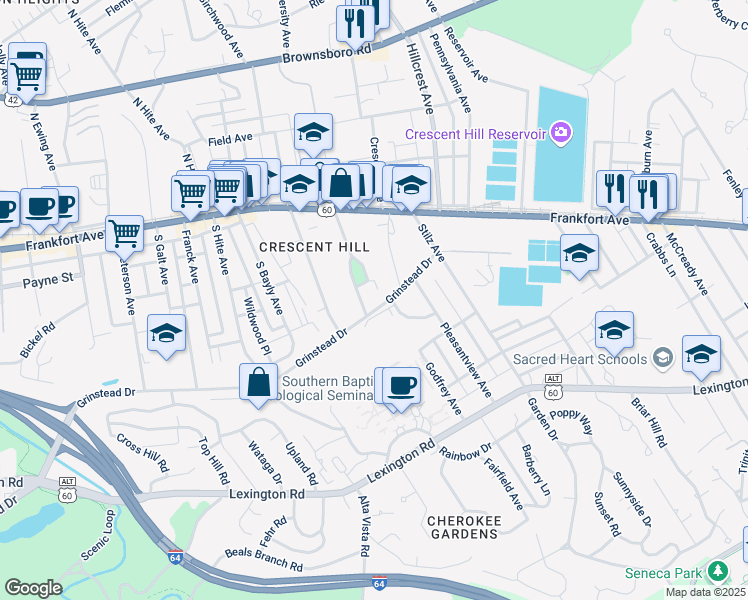 map of restaurants, bars, coffee shops, grocery stores, and more near 2825 Grinstead Drive in Louisville