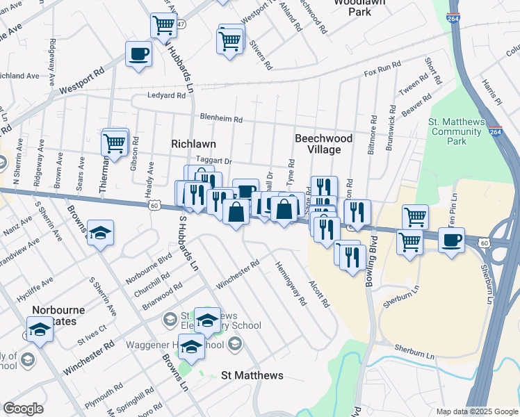 map of restaurants, bars, coffee shops, grocery stores, and more near 100 Marshall Drive in Louisville