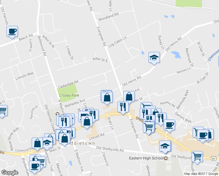 map of restaurants, bars, coffee shops, grocery stores, and more near 11905 Wetherby Avenue in Louisville