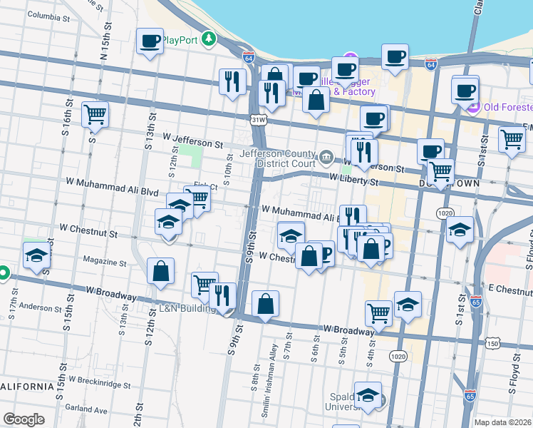 map of restaurants, bars, coffee shops, grocery stores, and more near 850 West Muhammad Ali Boulevard in Louisville