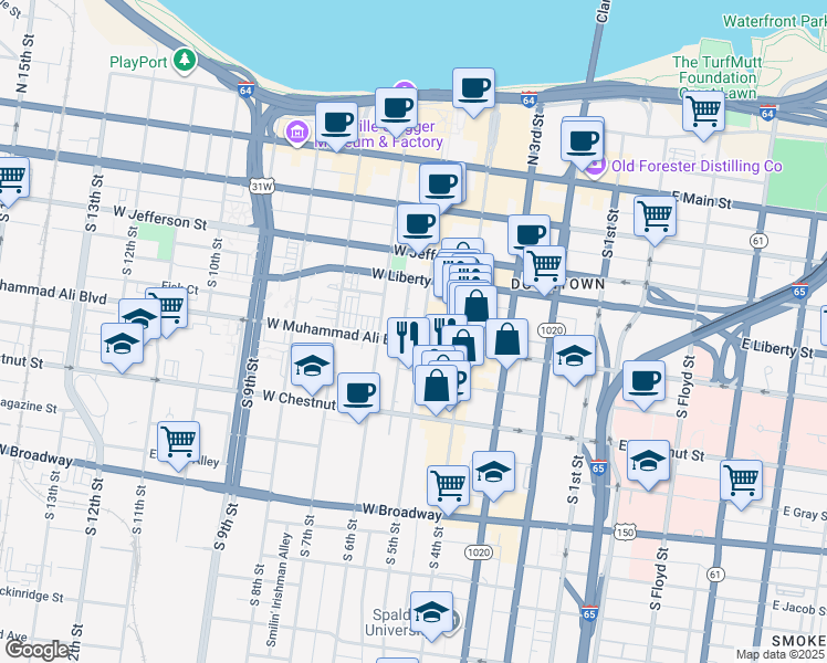 map of restaurants, bars, coffee shops, grocery stores, and more near 501 West Muhammad Ali Boulevard in Louisville
