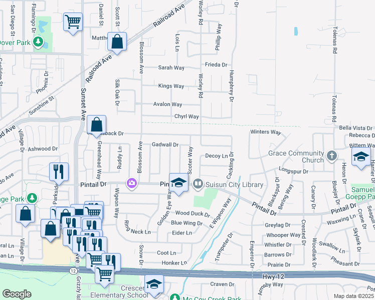 map of restaurants, bars, coffee shops, grocery stores, and more near 825 Tree Duck Way in Suisun City