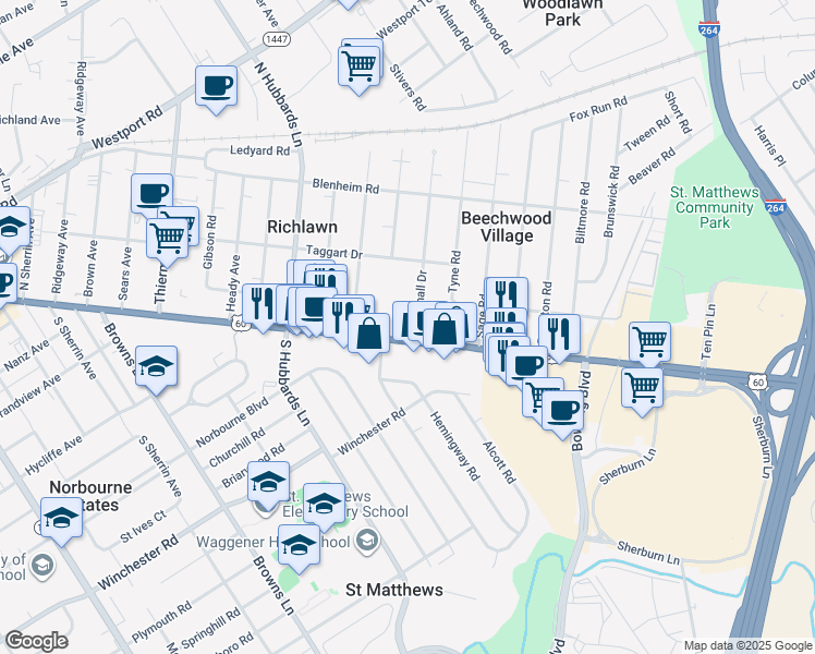 map of restaurants, bars, coffee shops, grocery stores, and more near 100 Marshall Drive in Louisville