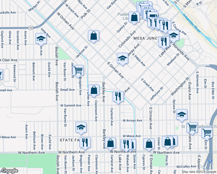 map of restaurants, bars, coffee shops, grocery stores, and more near 6 Small Avenue in Pueblo