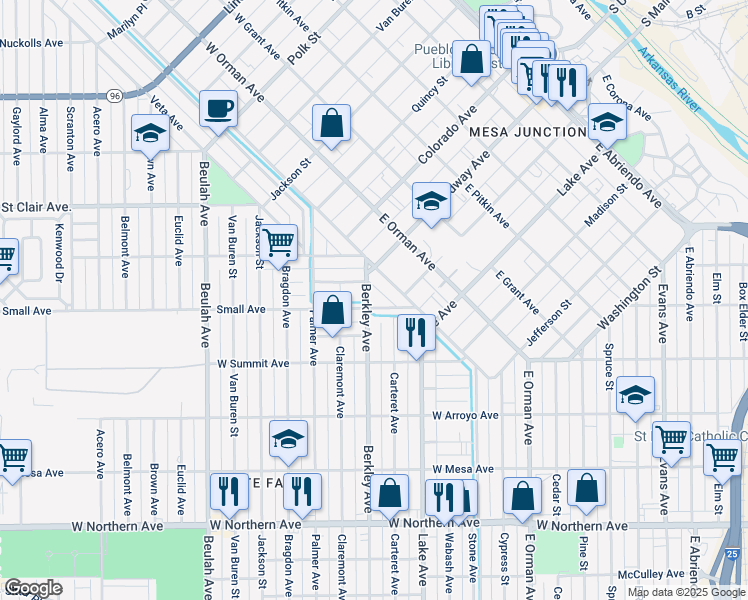 map of restaurants, bars, coffee shops, grocery stores, and more near 817 Berkley Avenue in Pueblo
