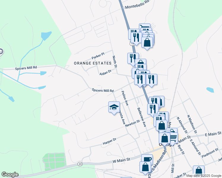 map of restaurants, bars, coffee shops, grocery stores, and more near 201 Spicers Mill Road in Orange