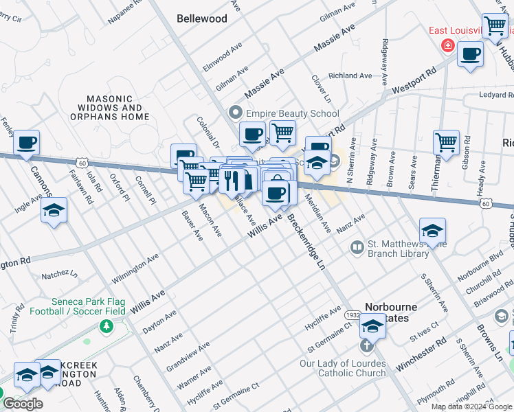 map of restaurants, bars, coffee shops, grocery stores, and more near 112 Wiltshire Avenue in Louisville