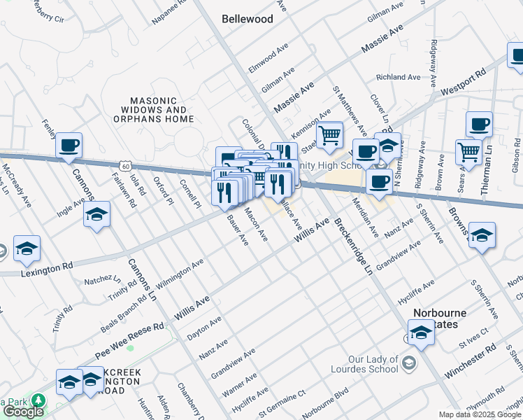 map of restaurants, bars, coffee shops, grocery stores, and more near 317 Macon Avenue in Louisville