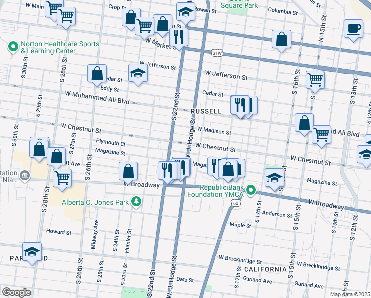 map of restaurants, bars, coffee shops, grocery stores, and more near 614 Doctor W. J. Hodge Street in Louisville