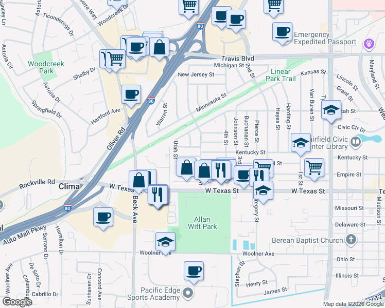 map of restaurants, bars, coffee shops, grocery stores, and more near 1812 Virginia Street in Fairfield