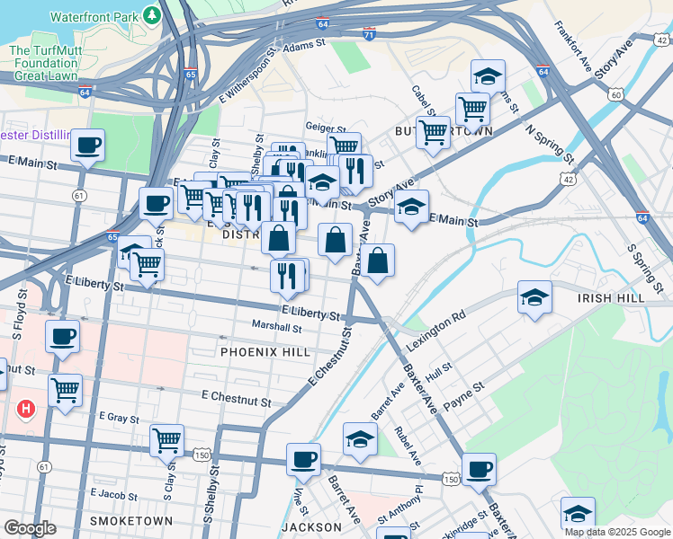 map of restaurants, bars, coffee shops, grocery stores, and more near 1007 East Jefferson Street in Louisville