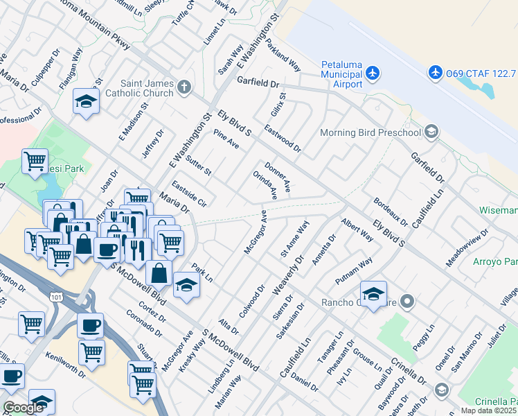map of restaurants, bars, coffee shops, grocery stores, and more near 428 Sutter Street in Petaluma