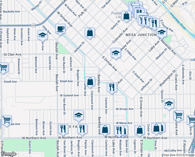 map of restaurants, bars, coffee shops, grocery stores, and more near 817 Berkley Avenue in Pueblo