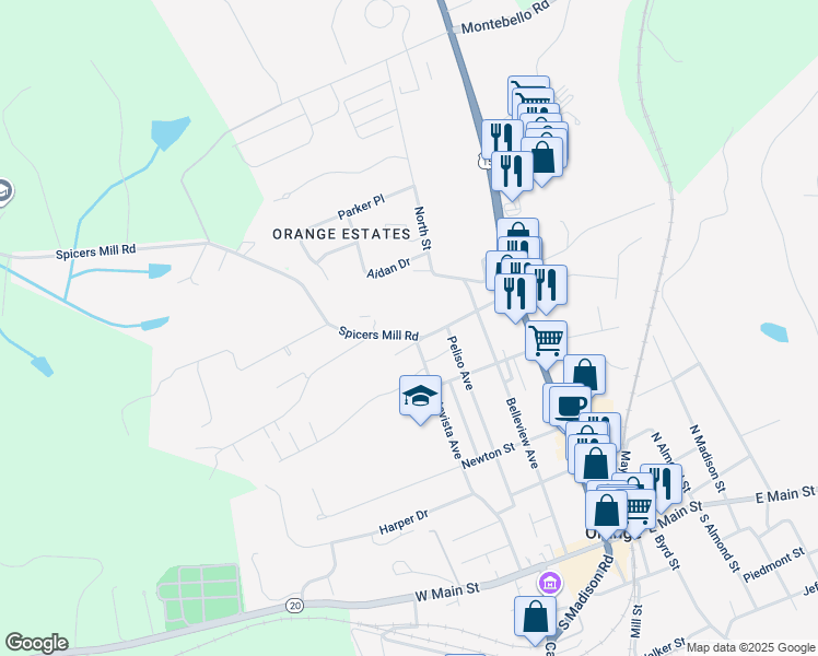 map of restaurants, bars, coffee shops, grocery stores, and more near 201 Spicers Mill Road in Orange