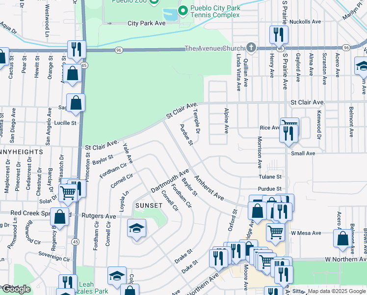 map of restaurants, bars, coffee shops, grocery stores, and more near 86 Amherst Avenue in Pueblo
