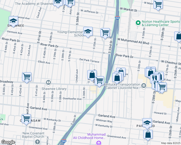 map of restaurants, bars, coffee shops, grocery stores, and more near 649 South 35th Street in Louisville