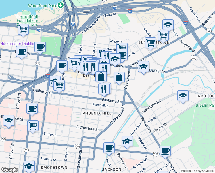map of restaurants, bars, coffee shops, grocery stores, and more near 911 East Jefferson Street in Louisville