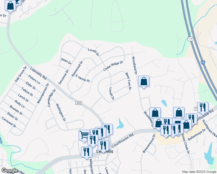 map of restaurants, bars, coffee shops, grocery stores, and more near 5400 Briarbend Ct in Fredericksburg