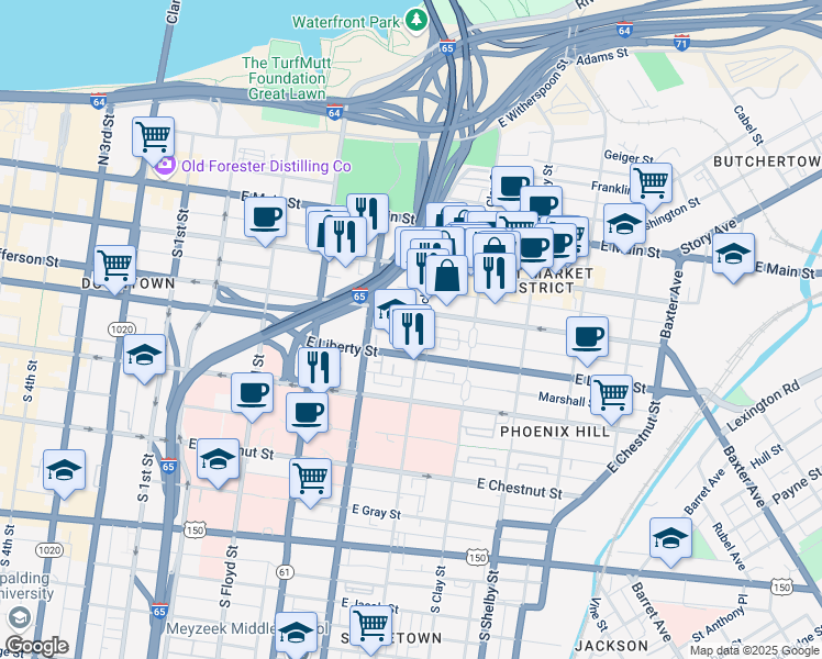 map of restaurants, bars, coffee shops, grocery stores, and more near 607 Ballard Street in Louisville