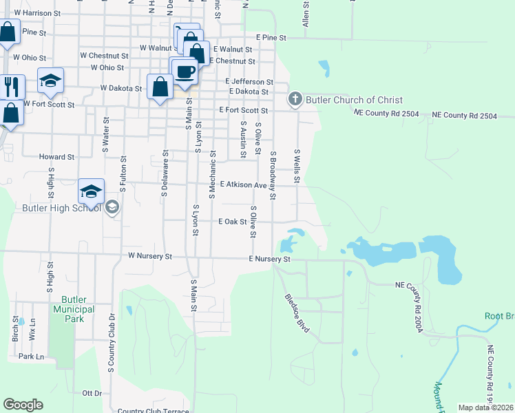 map of restaurants, bars, coffee shops, grocery stores, and more near 413 South Olive Street in Butler