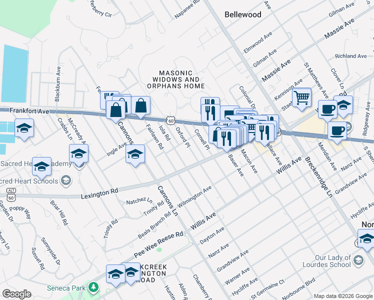 map of restaurants, bars, coffee shops, grocery stores, and more near 307 Iola Road in Louisville