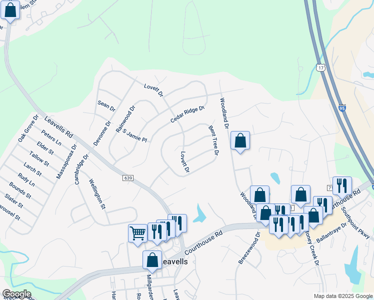 map of restaurants, bars, coffee shops, grocery stores, and more near 10639 Lovett Dr in Fredericksburg