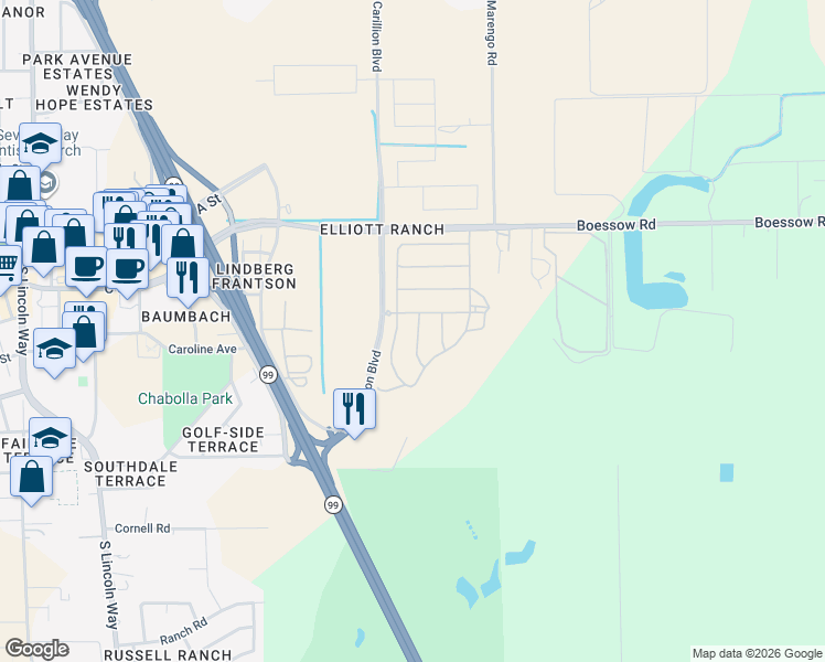 map of restaurants, bars, coffee shops, grocery stores, and more near 10850 Boessow Road in Galt