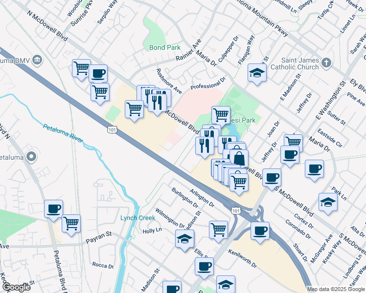map of restaurants, bars, coffee shops, grocery stores, and more near 157 Lynch Creek Way in Petaluma