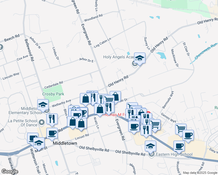map of restaurants, bars, coffee shops, grocery stores, and more near 12000 Old Henry Road in Louisville