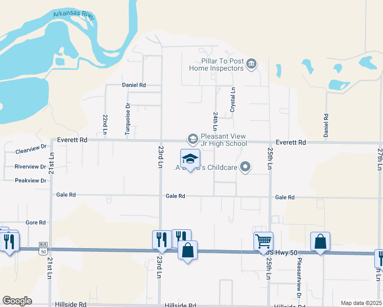 map of restaurants, bars, coffee shops, grocery stores, and more near 23600 Everett Road in Pueblo