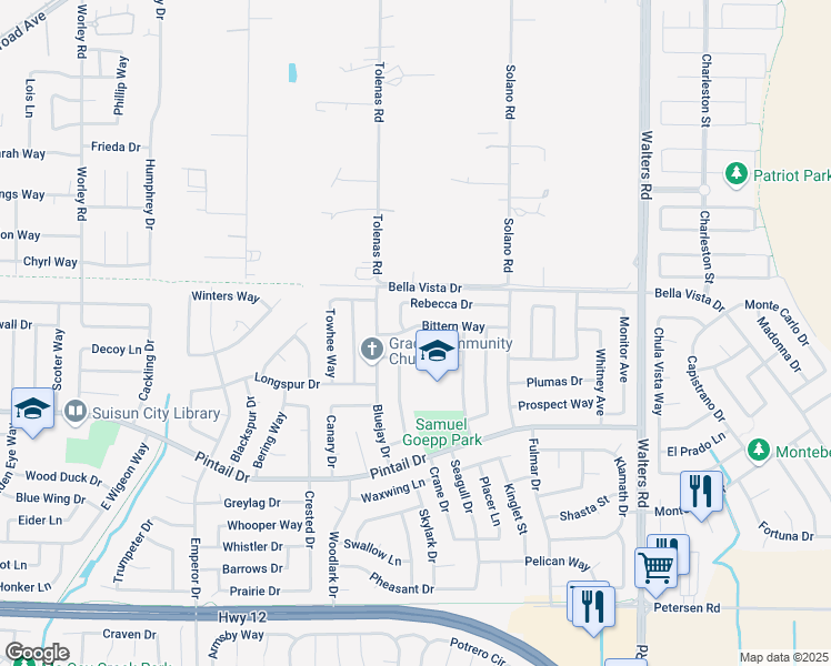 map of restaurants, bars, coffee shops, grocery stores, and more near 1304 Kimberly Court in Suisun City