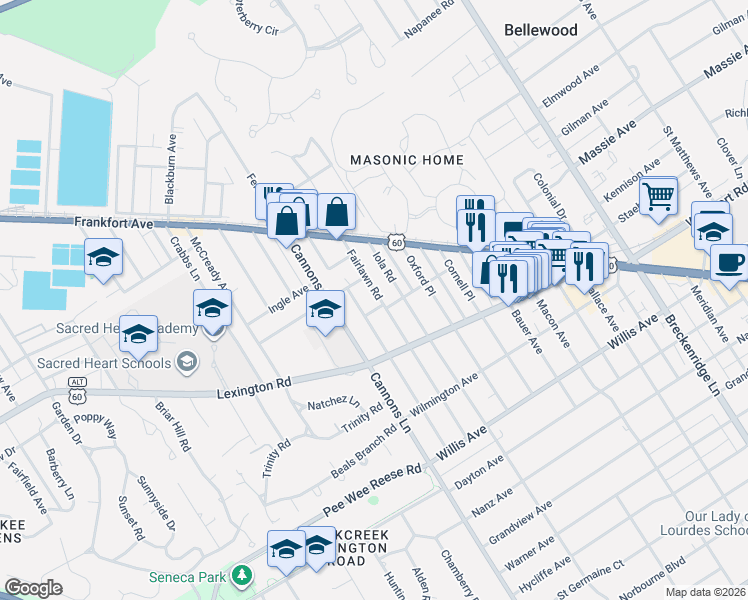 map of restaurants, bars, coffee shops, grocery stores, and more near 300 Fairlawn Road in Saint Matthews