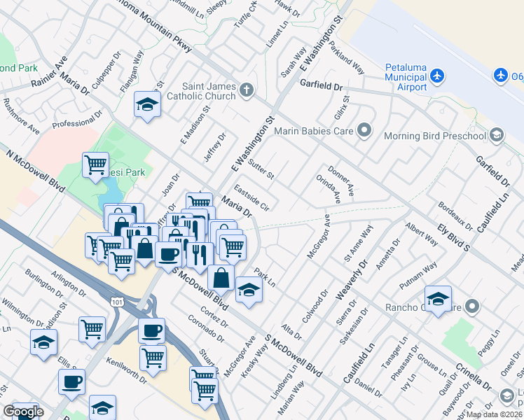 map of restaurants, bars, coffee shops, grocery stores, and more near 56 Maria Drive in Petaluma