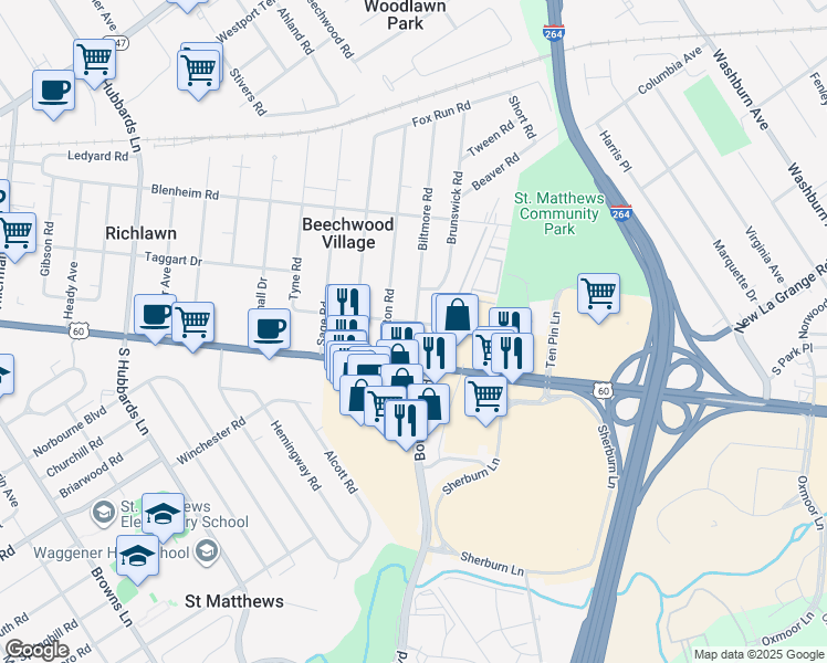 map of restaurants, bars, coffee shops, grocery stores, and more near 4517 Shelbyville Road in Louisville