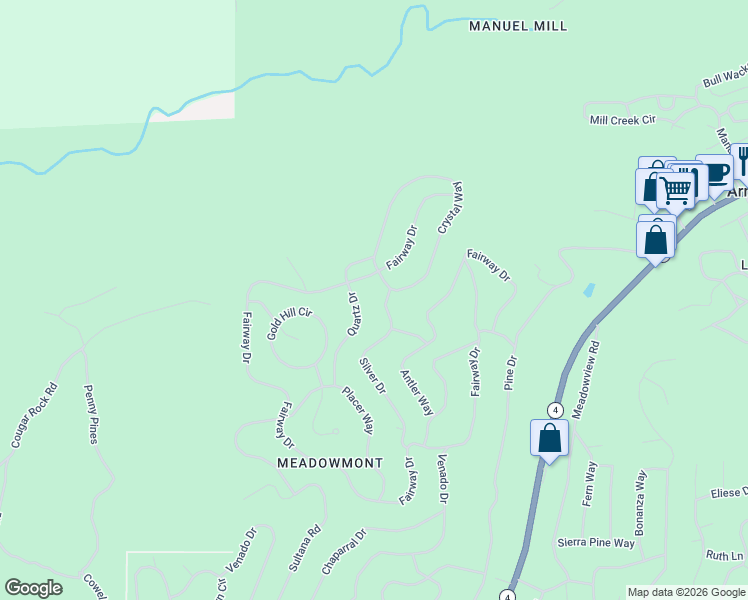 map of restaurants, bars, coffee shops, grocery stores, and more near 2136 Silver Drive in Arnold