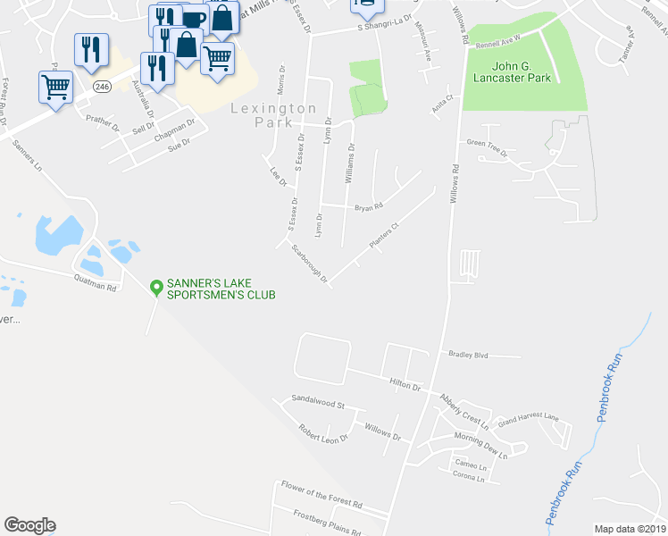 map of restaurants, bars, coffee shops, grocery stores, and more near 46730 Planters Court in Lexington Park