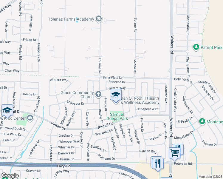 map of restaurants, bars, coffee shops, grocery stores, and more near 1215 Bittern Way in Suisun City