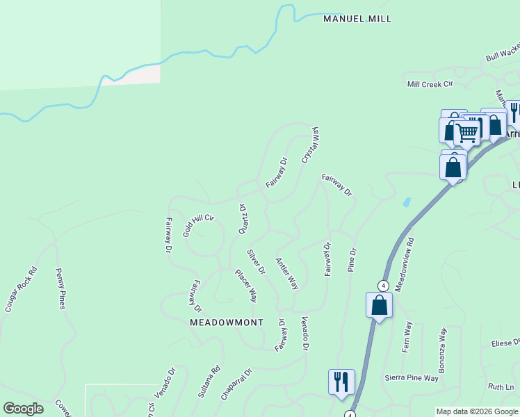 map of restaurants, bars, coffee shops, grocery stores, and more near 2136 Silver Drive in Arnold